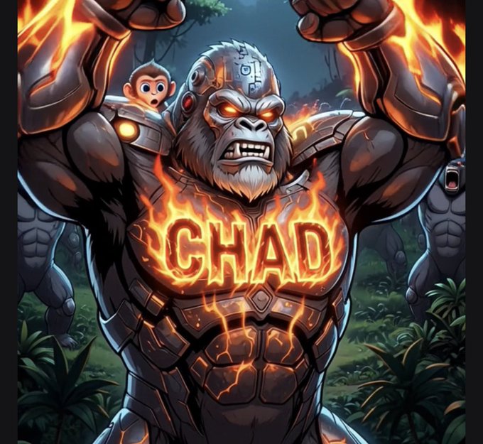 A digital artwork of a menacing cybernetic gorilla with glowing orange accents, featuring the name 'CHAD' emblazoned in flames on its chest, with a small monkey on its shoulder.