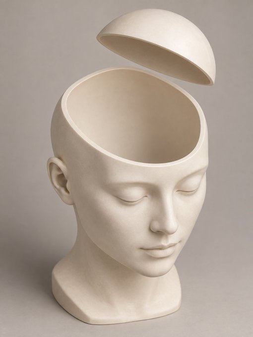 A cream-colored ceramic sculpture of a head with its top opened like a container, revealing a hollow interior, set against a neutral gray background.