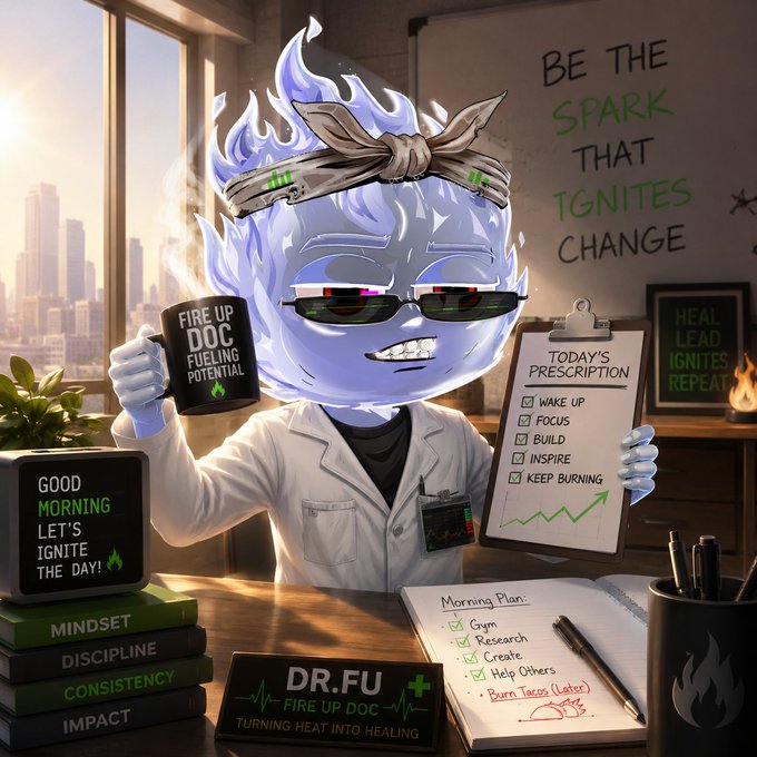 An AI-generated image of an anime-style blue flame character named "DR.FU" described as the "FIRE UP DOC," holding a coffee mug and prescription clipboard in an office setting with motivational text.