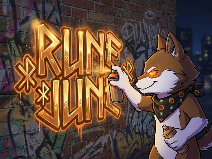 The image features a cartoon dog wearing a bandana, holding a can of spray paint, and standing next to a graffiti-covered brick wall with the text "RUNINE JUNN!" written above it. The caption below the image reads "GM Bitcoin. Rune June has arrived."