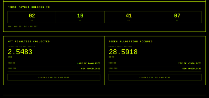 A dashboard showing a countdown timer for the first payout (02 days, 19 hours, 41 minutes), 2.5483 ETH in NFT royalties collected, and 28.5918 ROTH in token allocation accrued.