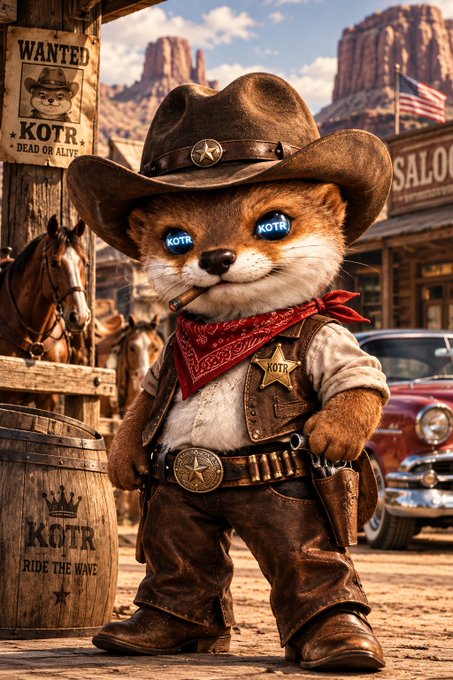 An AI-generated image of an anthropomorphic fox dressed as a cowboy sheriff with 'KOTR' on its eyes and badge, standing in a Western desert town with a 'WANTED KOTR' poster and a saloon.