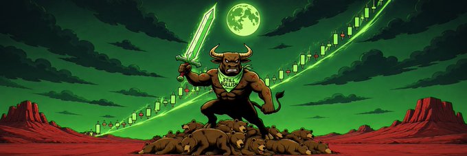 The image shows a large, cartoonized depiction of a brown bull with horns. The bull holds a sword in its left hand and an axe in its right hand. It stands atop a hill or mountain top, overlooking a landscape filled with various charts that appear to be falling into place around the bull's feet. There is also a full moon visible in the scene, contributing to the dark and mysterious atmosphere of the image. The overall effect suggests a dramatic or intense moment, possibly depicting an impending confrontation between the bull and some unseen opponent related to the charts and the crypto market.