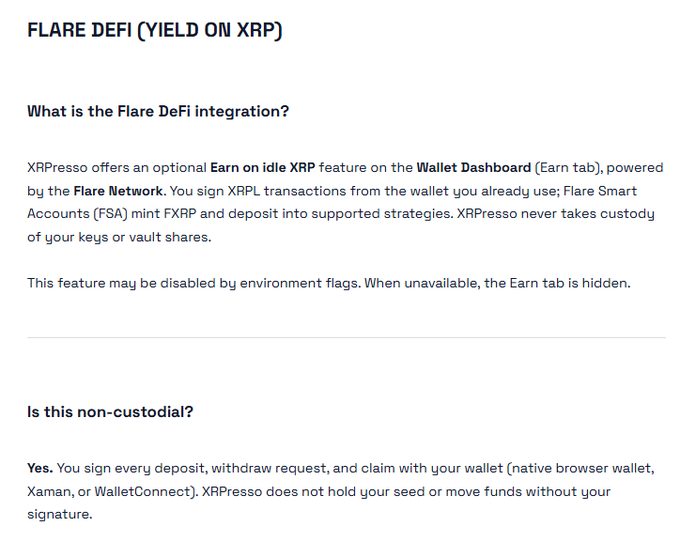An FAQ section for XRPresso's "Flare DeFi" integration explains that users can optionally earn yield on idle XRP via the Flare Network's Earn tab, emphasizing that the feature is non-custodial with all transactions signed by the user's own wallet.