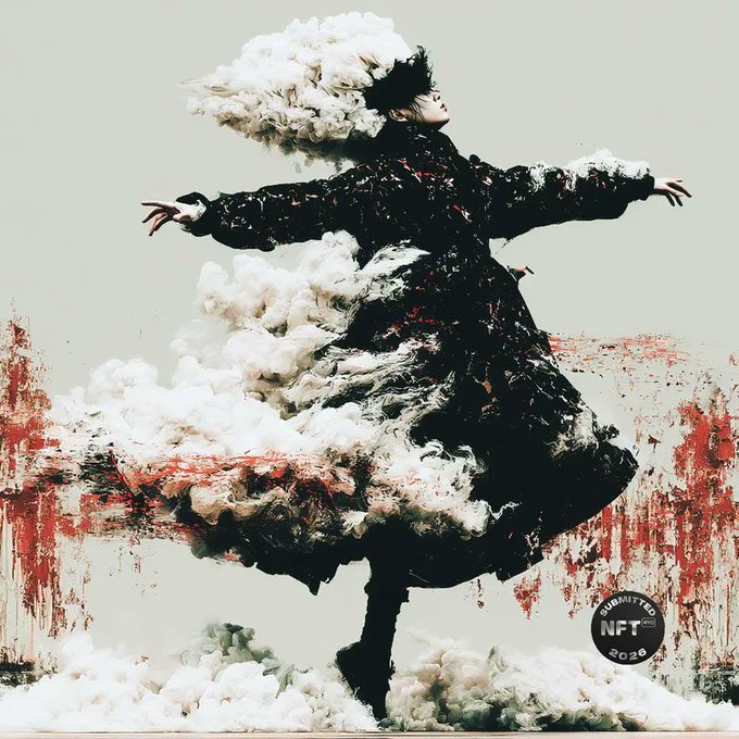 An artistic NFT image features a figure in a black dress with arms outstretched, surrounded by fluffy white and red cloud-like textures, marked 'SUBMITTED TO NFT 2026'.