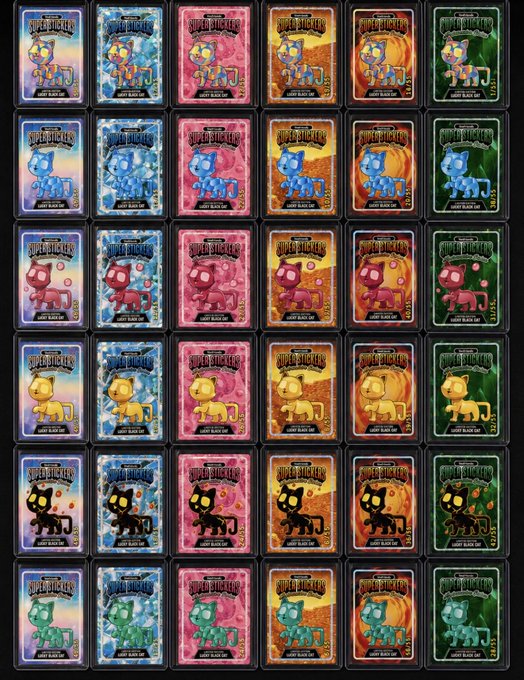 A grid display of 36 colorful 'Spirit' themed trading cards or stickers featuring cartoon cats in various colors and seasonal backgrounds, including pumpkins and candy hearts.