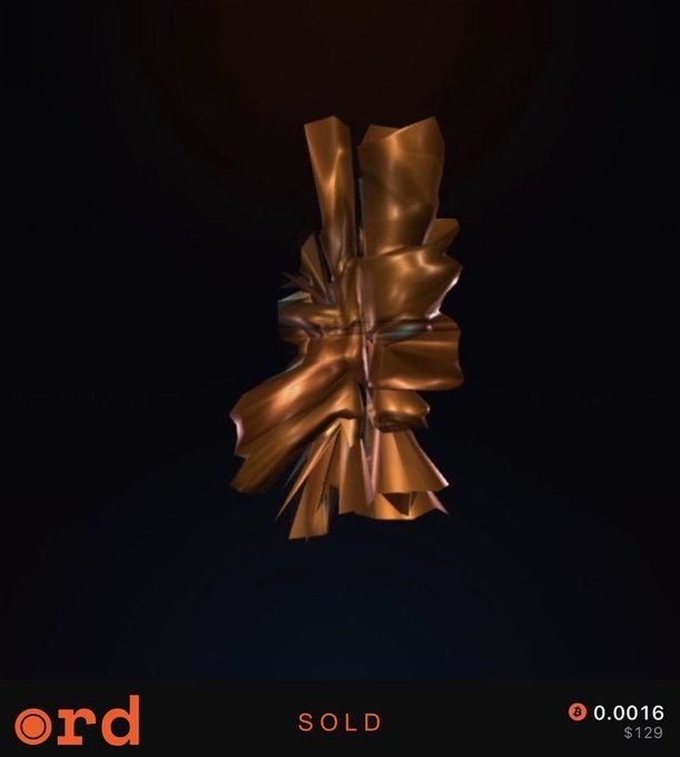 A 3D abstract sculpture with copper-toned folded ribbon-like textures is displayed on a dark background, labeled as 'SOLD' on the 'ord' platform for 0.0016 ETH ($129).