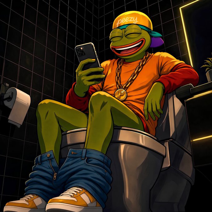 An illustration of a green Pepe the Frog character wearing a 'peezy' cap, orange shirt, and gold 'P' chain, sitting on a toilet while smiling at a smartphone.