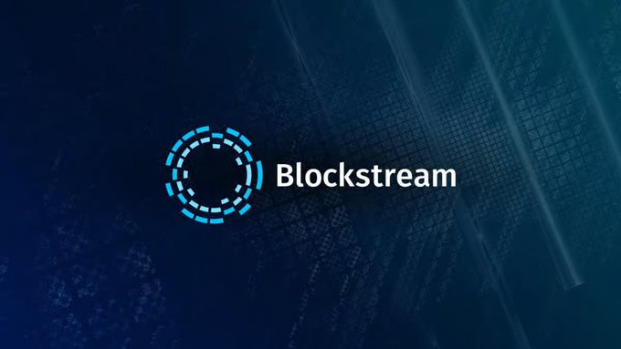 A dark blue logo graphic displaying the word 'Blockstream' next to a circular icon made of dashed lines.