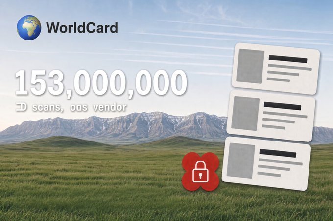 An advertisement for 'WorldCard' features the text '153,000,000' against a backdrop of green mountains and blue sky, alongside graphics of ID cards and a red lock icon.