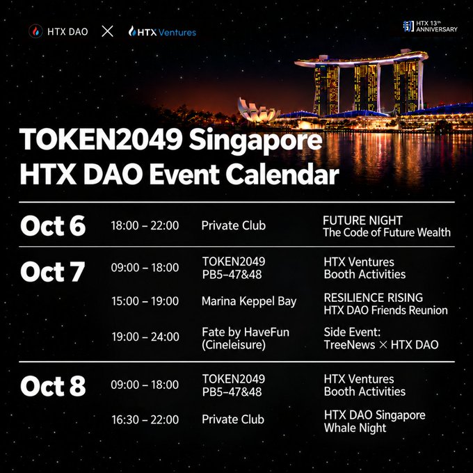 Event calendar for HTX DAO and HTX Ventures at TOKEN2049 Singapore, listing events from Oct 6-8 including Future Night, Booth Activities at PB5-478&48, HTX DAO Friends Reunion at Marina Keppel Bay, and Whale Night.