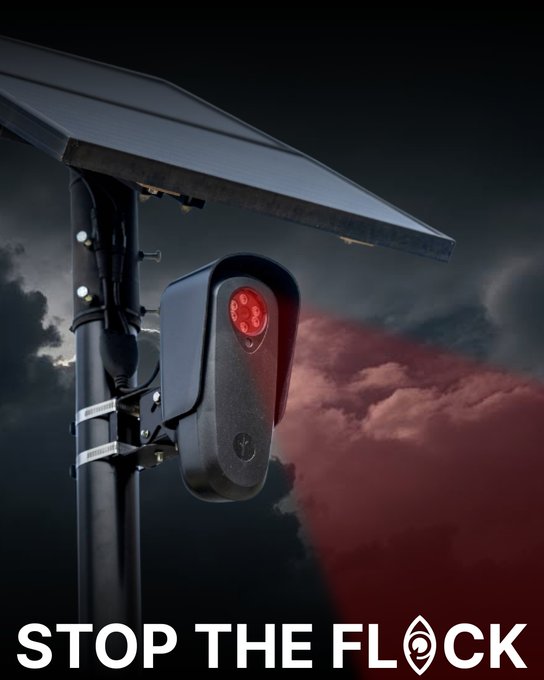 A dramatic image of a solar-powered surveillance camera with a red indicator light, captioned 'STOP THE FL◎CK' against a cloudy red and black sky.