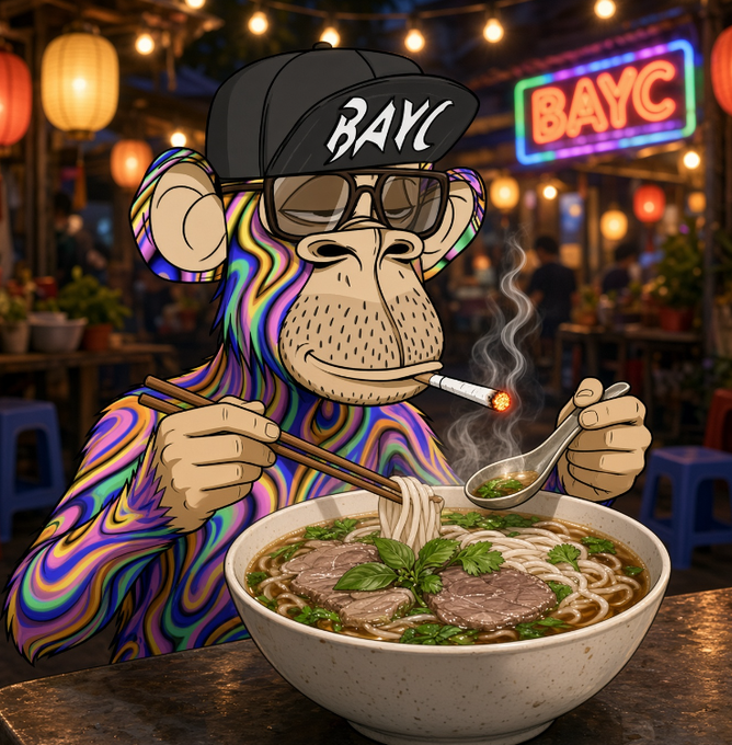 A digital illustration of a psychedelic-colored Bored Ape-style character wearing a black 'BAYC' cap and sunglasses, smoking a cigarette while eating a steaming bowl of noodle soup with chopsticks and a spoon in a neon-lit night market setting.