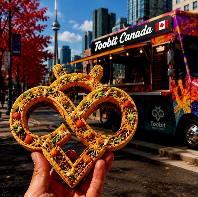 A hand holds a pretzel shaped like a heart/bicycle with toppings in front of a food truck labeled 'Toobit Canada' with a Canadian flag, set against a city skyline with the CN Tower visible.