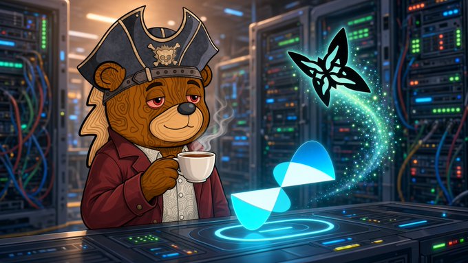 A furry brown cap-wearing bear stands in a server room holding a steaming coffee cup, with a glowing hummingbird and a stylized "Q" hologram emerging from a console—visually echoing the Quip Network ($QUIP) post about how real hardware must process transactions before QFTs and minted NFTs actually appear on the wallet.
