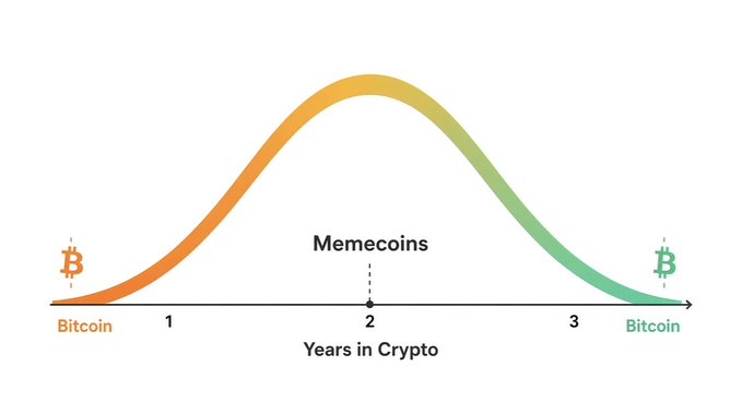 An infographic depicting a bell curve over 'Years in Crypto' timeline, showing the progression from Bitcoin through the peak of Memecoins at year 2 back down to Bitcoin.