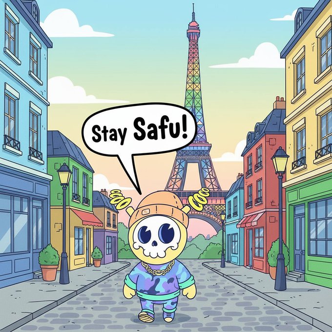 A cartoon illustration shows a skeleton character wearing a cap and camo clothing saying 'Stay Safu!' on a street with the Eiffel Tower in the background.
