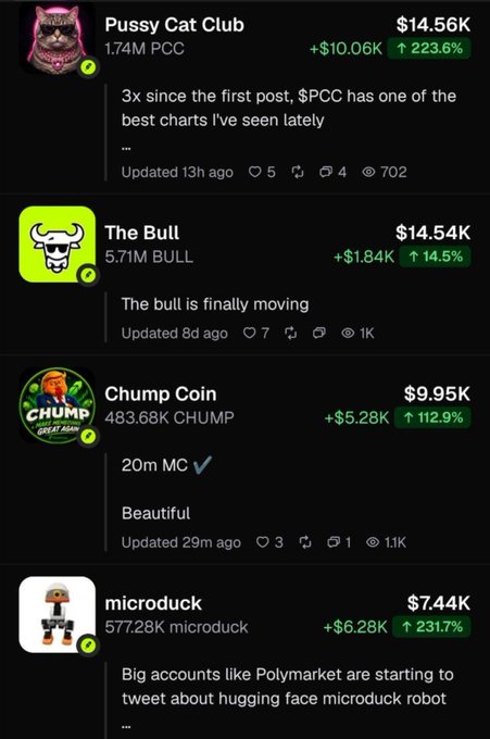 The image displays a meme coin tracker showing top-performing tokens including Pussy Cat Club ($PCC) at $14.56K (+223.6%), The Bull ($BULL) at $14.54K (+14.5%), Chump Coin ($CHUMP) at $9.95K (+112.9%), and microduck at $7.44K (+231.7%), with posts highlighting strong price gains across the board. The screenshot illustrates a lively day of "having fun on chain" by showcasing several small-cap meme coins experiencing notable surges and community engagement.