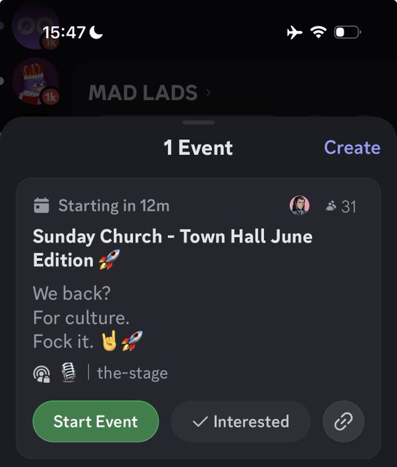 A screenshot of a Discord or X Spaces event titled "Sunday Church - Town Hall June Edition 🚀" hosted in the "the-stage" voice channel within the MAD LADS group, starting in 12 minutes with 31 participants and options to "Start Event" or mark "Interested." The image aligns with the post, which announces readiness for the MAD LADS and Backpack community town hall happening in 15 minutes.