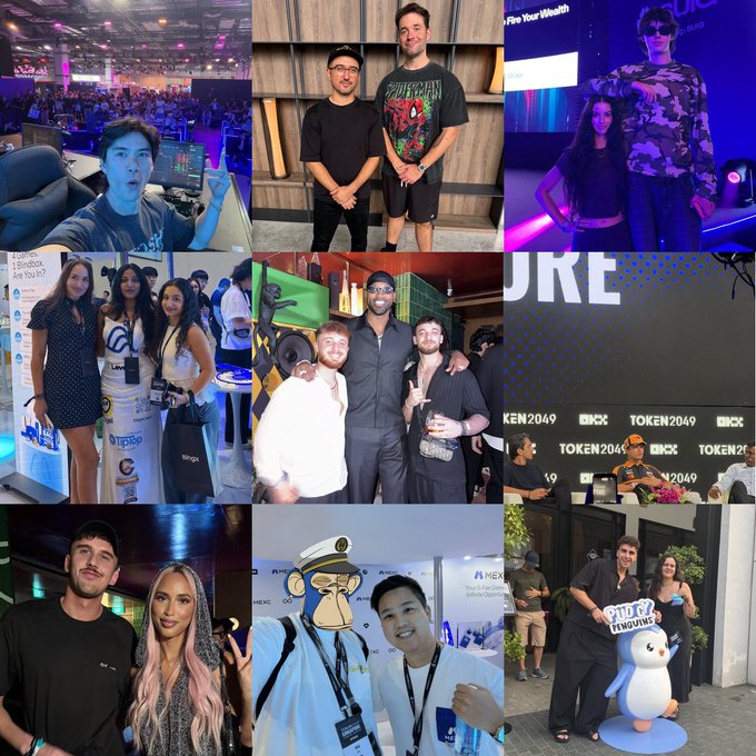 A collage of nine event photos showing various people at what appears to be a conference, featuring branding for TOKEN2049 and DUKE.