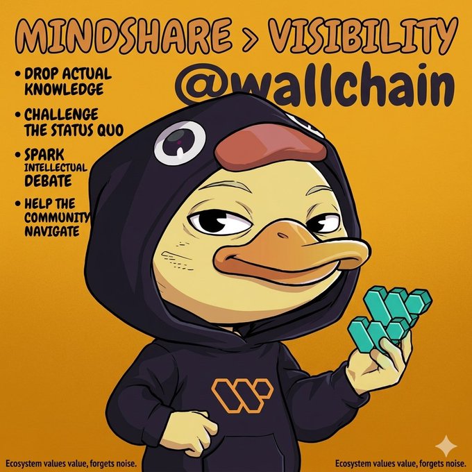 The image features a cartoon duck wearing a hoodie, holding a bunch of blue blocks or cubes. The background of the image is orange with text that reads "MINDSHARE = VISIBILITY" and "drop actual knowledge". This suggests that the focus should be on sharing valuable information rather than just being visible. The post encourages users to share their ideas and knowledge in a meaningful way, which can lead to better understanding and collaboration among people.