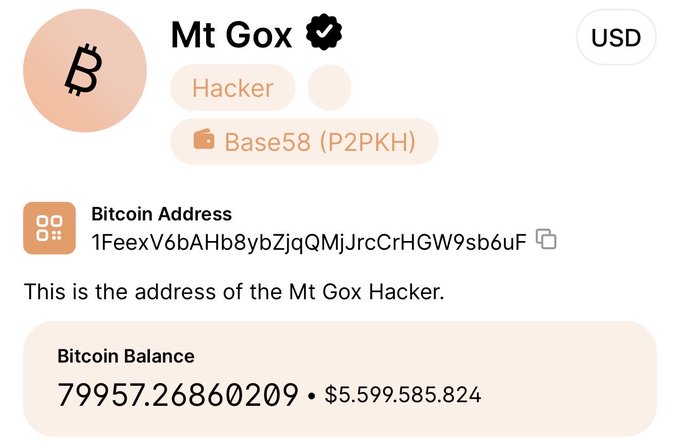 The image displays a screenshot of an alert box related to Bitcoin, containing valuable information about the cryptocurrency movement named Mt. Gox that occurred in 2006. The alert indicates that one of the strangest Bitcoin movements of the year was the relocation of 10,422.65 Bitcoins to a rehabilitation trustee. The current value of this transaction is $740 million, suggesting substantial financial gains from these Bitcoins.