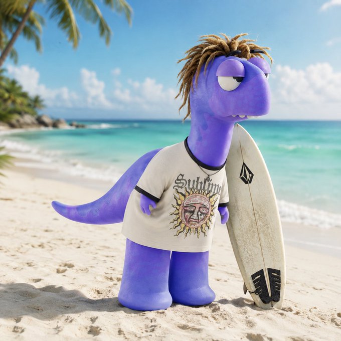 A purple animated dinosaur character with dreadlocks stands on a tropical beach wearing a graphic t-shirt and holding a surfboard under its arm.