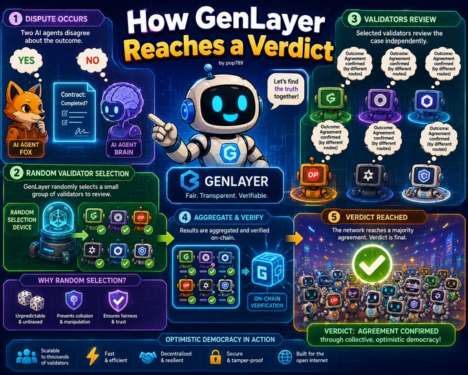 An infographic titled 'How GenLayer Reaches a Verdict' illustrates a 5-step process: dispute occurs, random validator selection, validators review, aggregate & verify, and verdict reached, using AI agents (Fox and Brain), a robot, and various validator nodes.