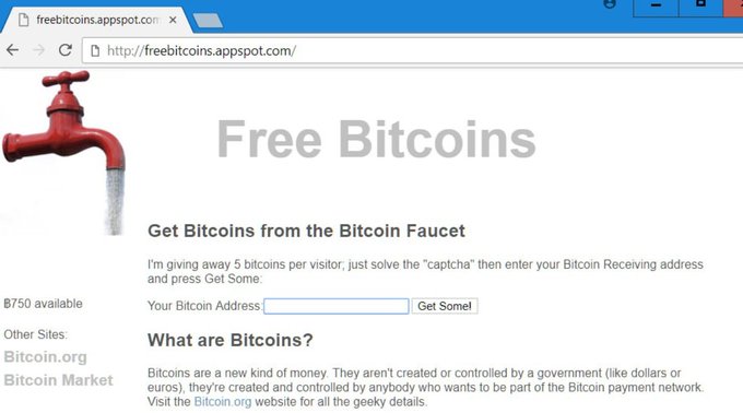 A screenshot of the "Free Bitcoins" website (freebitcoins.appspot.com), a Bitcoin faucet that once offered 5 bitcoins per visitor in exchange for solving a captcha and providing a Bitcoin address. The page features a faucet illustration on the left and explains the concept of Bitcoin, with a "Get Some!" button next to the address input field, illustrating the early era when free Bitcoin was easily obtainable.