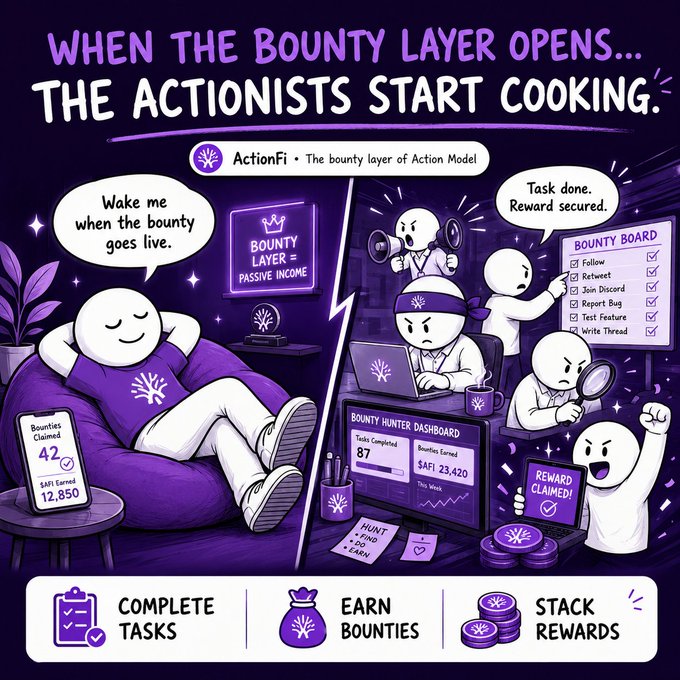 Promotional graphic for ActionFi described as 'The bounty layer of Action Model' with the headline 'When the Bounty Layer Opens... The Actionists Start Cooking,' featuring cartoon characters earning bounties through tasks like Follow, Retweet, and Report Bug.