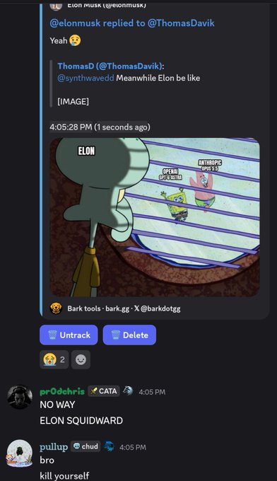 A Discord conversation screenshot shows users discussing a meme comparing Elon Musk to Squidward from SpongeBob, with text referencing his anti-dogetic statements, followed by users reacting with comments like "NO WAY ELON SQUIDWARD." The image is unrelated to the post about GMGN and trading losses.