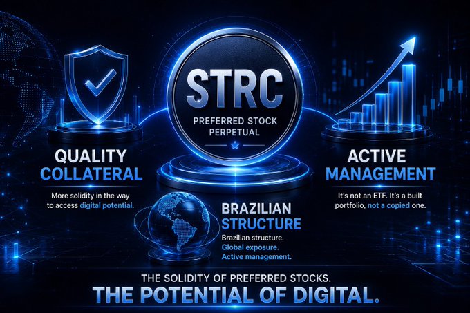 A financial advertisement graphic displays 'STRC PREFERRED STOCK PERPETUAL' with sections labeled 'QUALITY COLLATERAL', 'BRAZILIAN STRUCTURE', and 'ACTIVE MANAGEMENT', along with the tagline 'THE SOLIDITY OF PREFERRED STOCKS. THE POTENTIAL OF DIGITAL.'