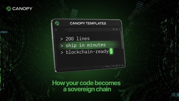 Canopy promotional graphic featuring a dark green code editor window displaying '> 200 lines', '> ship in minutes', '> blockchain-ready' with the tagline 'How your code becomes a sovereign chain.'