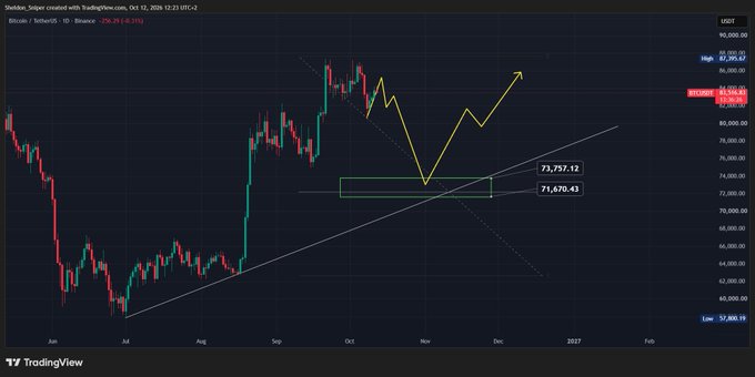 A TradingView daily candlestick chart for Bitcoin/USD (USDT) on Binance displays a potential short-term correction scenario, with a yellow projection showing price dipping toward a green support zone at $71,670-$73,757 before resuming its uptrend toward the $90,000-$95,000 high. The chart also features an ascending trendline from July lows and a descending resistance line forming a converging pattern leading into late 2025.