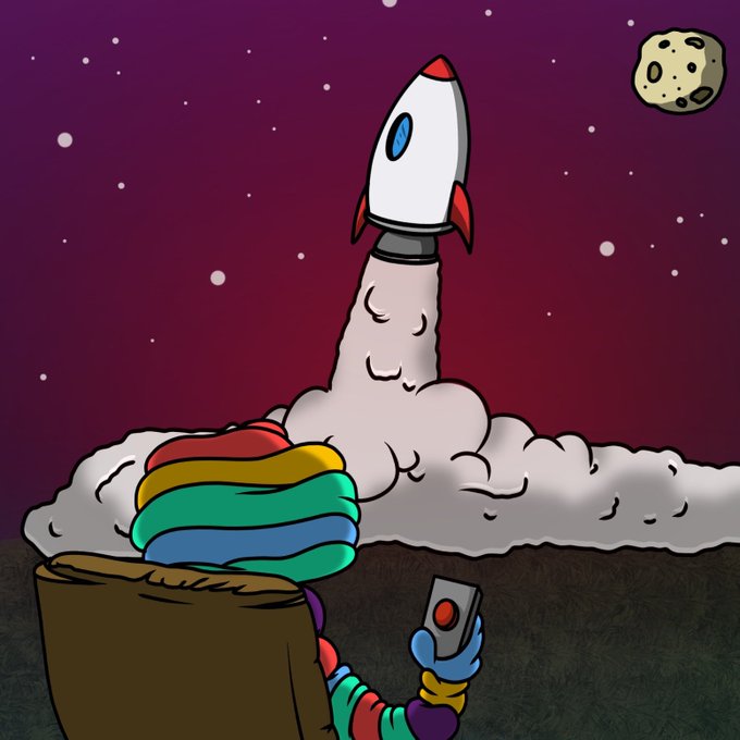 A cartoon illustration of a character with rainbow-colored hair watching a rocket launch into a starry purple sky, holding a remote control while sitting on a brown surface.