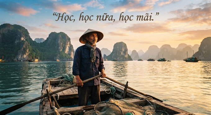 An elderly fisherman in a conical hat rows a wooden boat across a serene bay surrounded by limestone karsts at sunset, with the Vietnamese quote "Học, học nữa, học mãi." (Study, study more, study forever) displayed above him—paired with the post's #GM message of starting the new day with a timeless saying and encouraging continuous learning and engagement.
