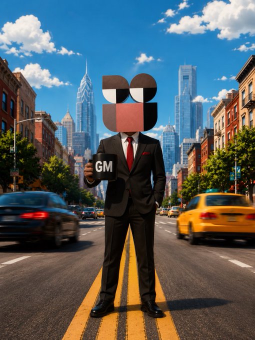 A figure in a black suit and red tie stands in the middle of a New York City street, holding a mug labeled 'GM', with a stylized cartoon face obscuring his head.