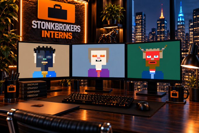 Stylized office scene labeled 'STONKBROKERS INTERNS' showing three computer monitors displaying pixel art characters, with books titled 'DISCIPLINE STRATEGY COMPOUND FREEDOM' on a desk with a city skyline backdrop.