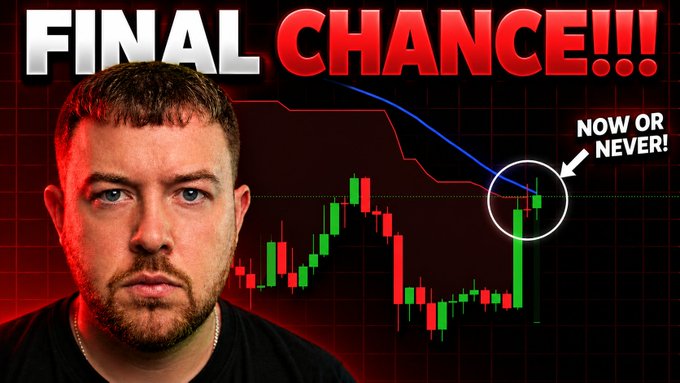 A man with a serious expression stands beside a cryptocurrency chart featuring red and green candlesticks, with bold text reading "FINAL CHANCE!!!" at the top and "NOW OR NEVER!" pointing to a circled price level, visually emphasizing the urgent, make-or-break moment for Bitcoin suggested in the accompanying post.
