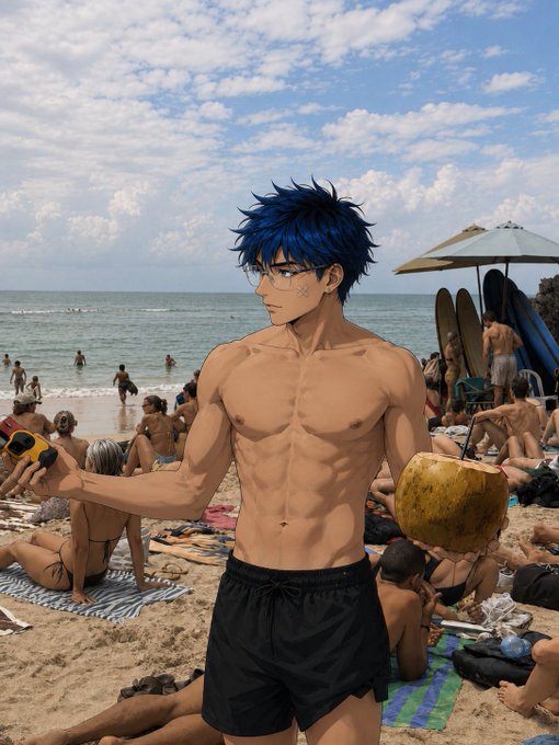 The image shows a man with blue hair standing at the beach holding a coconut while wearing swim trunks. There are several other people around him, some of whom appear to be enjoying their time near the water as well. A surfboard can also be seen in the background.