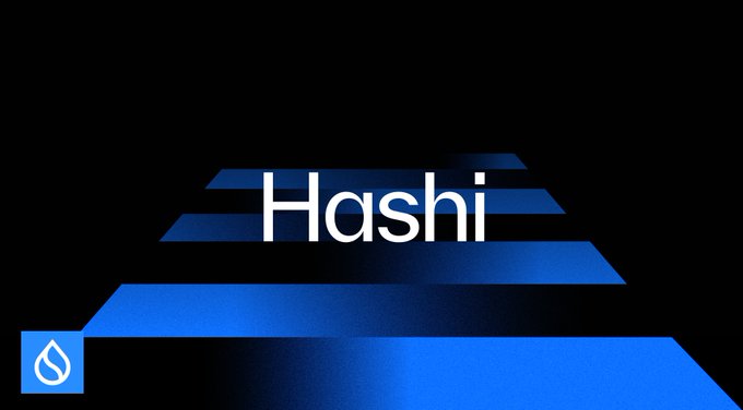 The Hashi logo displayed in white text on blue geometric layers against a black background, with a small water droplet icon in the corner.