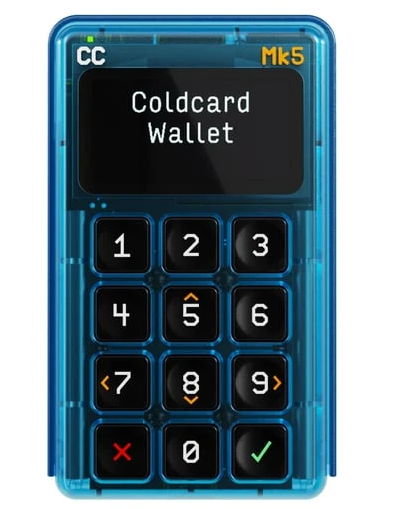 A translucent blue Coldcard Mk5 hardware wallet displaying "Coldcard Wallet" on its screen, highlighting the device affected by the firmware vulnerability that compromised over $88M in BTC due to weakened seed phrase randomness.