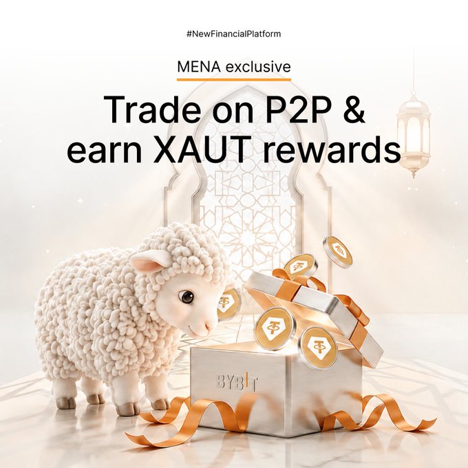 In the image, there is a cute white lamb figurine standing inside a silver jewelry box decorated with an orange ribbon, giving the impression of a small treasure chest filled with gold coins. A banner above the lamb announces that this could be part of an exciting campaign called "Bybit'P2P Eid Gold Rush", where users can win XAUT tokens for participating in regular P2P activities. The text in the image provides further details about this rewarding initiative, encouraging people to participate and earn those precious XAUT tokens by engaging in Bybit's P2P platform.