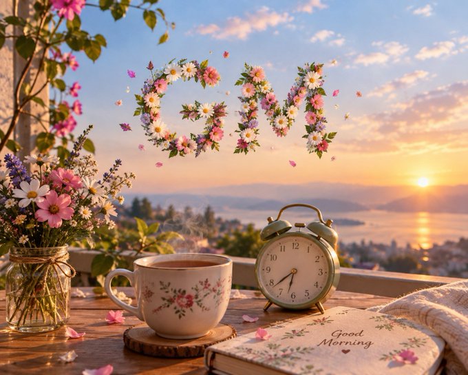 A 'Good Morning' scene featuring a cup of tea, a vintage alarm clock, and flowers, with the word 'SUN' spelled out in floral arrangements against a sunrise over water.