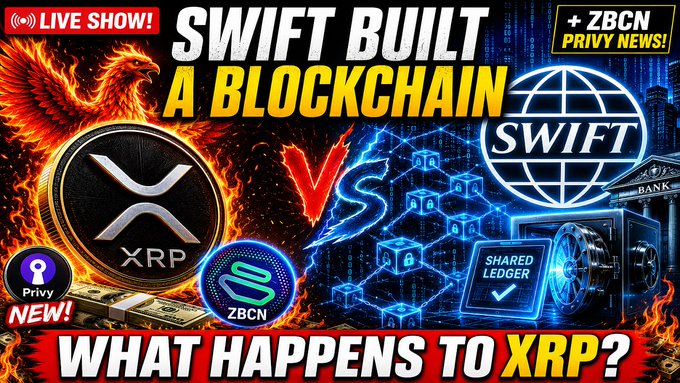 A promotional thumbnail for a live YouTube stream titled "SWIFT BUILT A BLOCKCHAIN" asking "WHAT HAPPENS TO XRP?" featuring a fiery XRP logo, SWIFT globe emblem, shared ledger graphics, and tags for ZBCN, Privy, XRP, XLM, and XDC, matching the announced discussion topics.