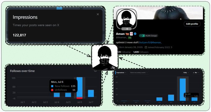The image is a collage showcasing X (Twitter) analytics for user "Aman" (@blknoiz06), featuring a profile banner with "opminst ll move stuff" and "Born January 28, 2005 | Joined February 2022," alongside an impressions counter showing 122,817. The collage also includes a "Follows over time" chart and an impressions bar graph, visually supporting the post's claim of achieving over 100k impressions and 300+ new followers (135 new, 22 unfollows) in just 3 days.