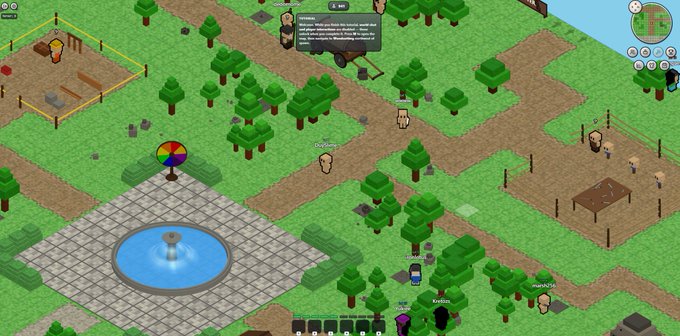 The image shows a map of a miniature town with various buildings, trees, and people scattered throughout. The town appears to be designed like a video game environment, featuring different elements such as a fountain, a car, and a house. A person is standing near the center of the scene, possibly interacting with the environment or exploring the town.