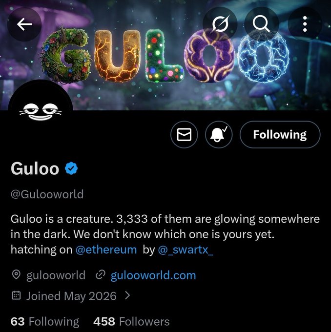 The image shows a social media post featuring a Twitter account with a unique name, @Gulooworld. The post includes a link to an article about glow-in-the-dark creatures from the Etherium website. The post also mentions that there are currently 653 followers and that the account was joined on May 20, 2016.