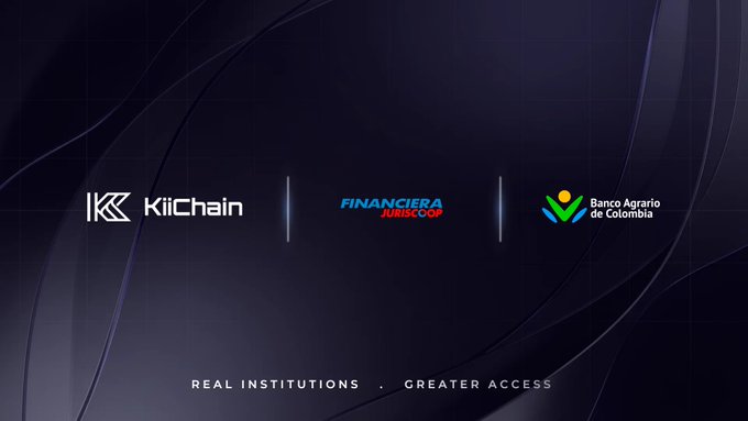 A dark purple-themed promotional graphic featuring three logos: KiiChain, Financiera Juriscoop, and Banco Agrario de Colombia, with the tagline 'REAL INSTITUTIONS. GREATER ACCESS.'