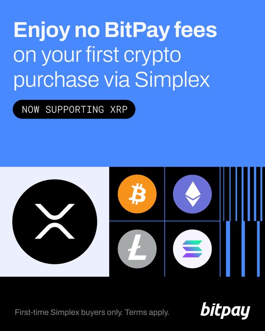 A BitPay advertisement announces 'Enjoy no BitPay fees on your first crypto purchase via Simplex' with a 'NOW SUPPORTING XRP' badge and logos for Bitcoin, Ethereum, Litecoin, and Solana.